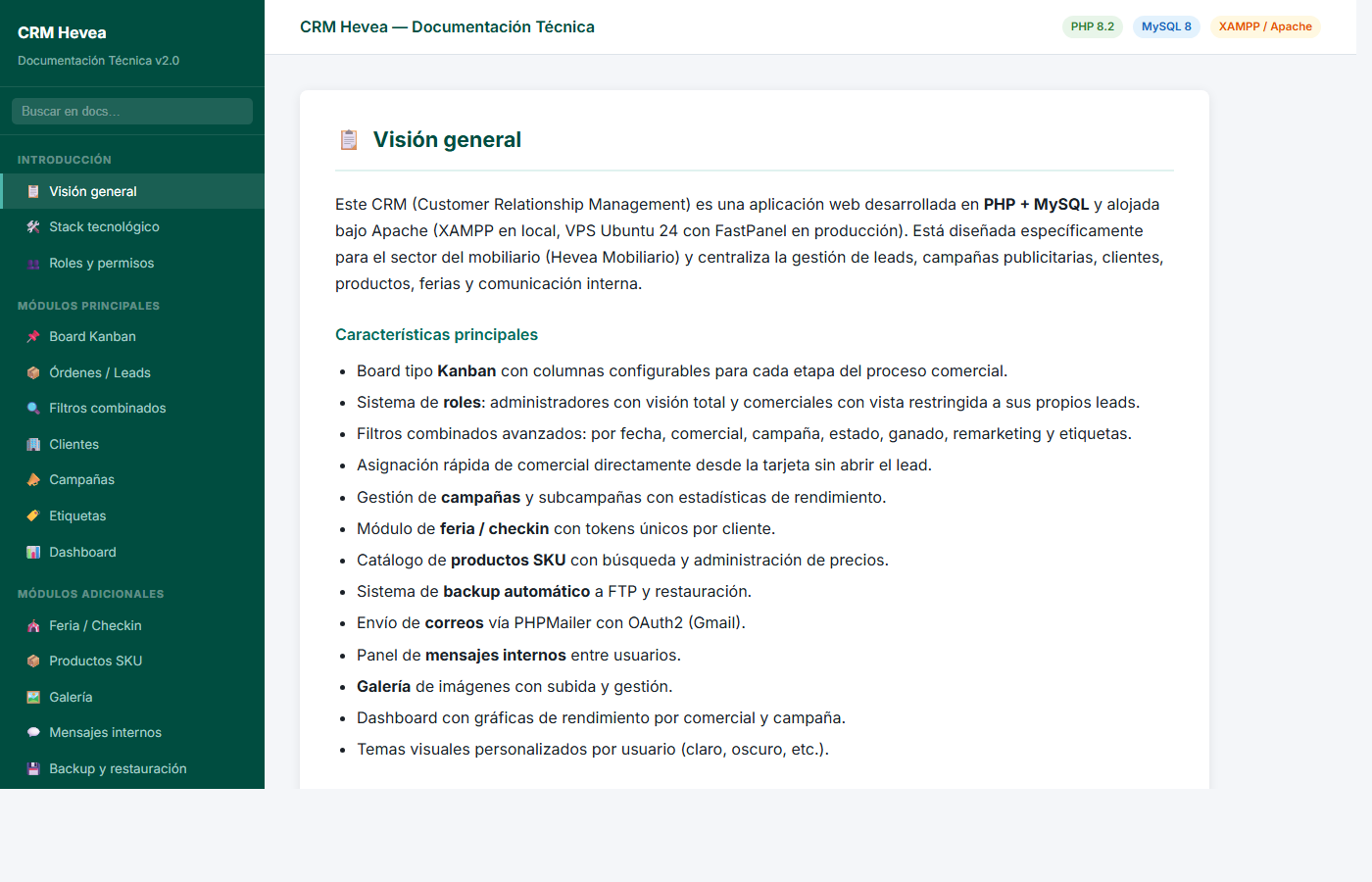 Captura visual de la documentación del CRM
